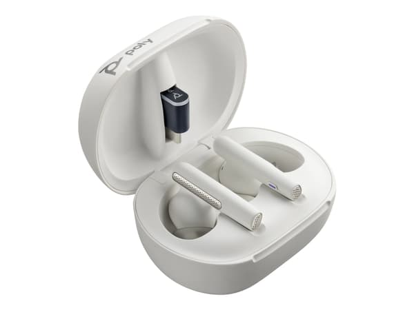 Poly Voyager Free 60+ UC - True wireless-hörlurar med mikrofon - inuti örat - Bluetooth - aktiv brusradering - USB-A via Bluetooth-adapter - sandvit