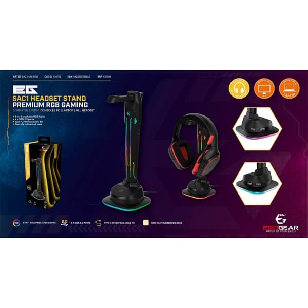 EgoGear Headset Stand SAC1 RGB With 4xUSB ports and Type-C 1m