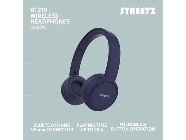 Streetz BT210-BLU, Langallinen &amp; langaton, Puhelut/musiikki, 142 g, Kuulokkeet, Sininen, Kuulokkeet, sininen