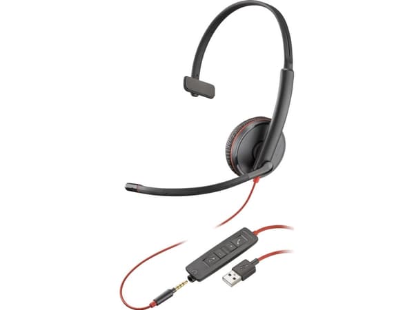 POLY Blackwire 3215 monauralt USB-A-hodesett (bulk), Koblet med ledninger (ikke trådløs), Kontor/kundesenter, 96 g, Hodesett, Sort, Rød