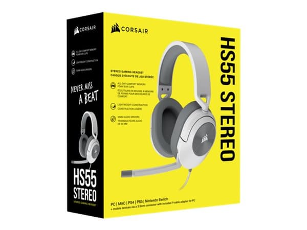 Corsair HS55 STEREO, Langallinen, Pelaaminen, 20 - 20000 Hz, 284 g, Kuulokkeet, Valkoinen