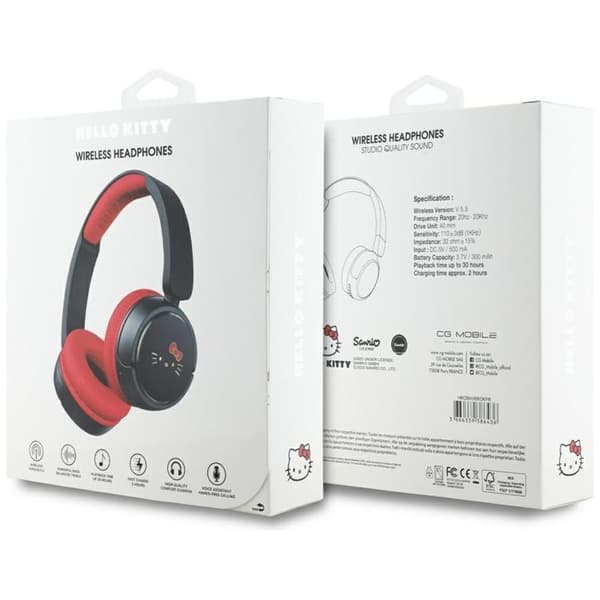 Hello Kitty On-Ear Hörlurar Trådlösa Bluetooth Face Logo - Röd