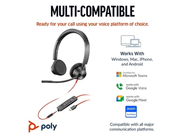 HP Poly Blackwire 3325M USB-C Stereo Headset + 3.5mm Jack + USB-C/A Adapter (Black, Certified for Microsoft Teams)