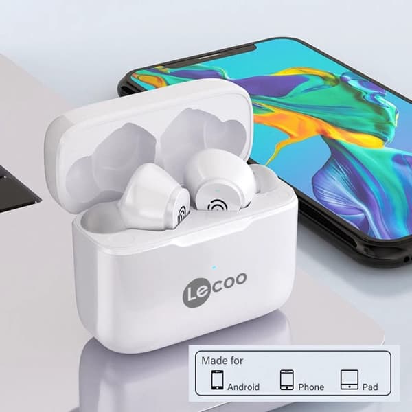 LENOVO LECOO Trådløse ørepropper Bluetooth-hodetelefoner Ladeveske - Hvit