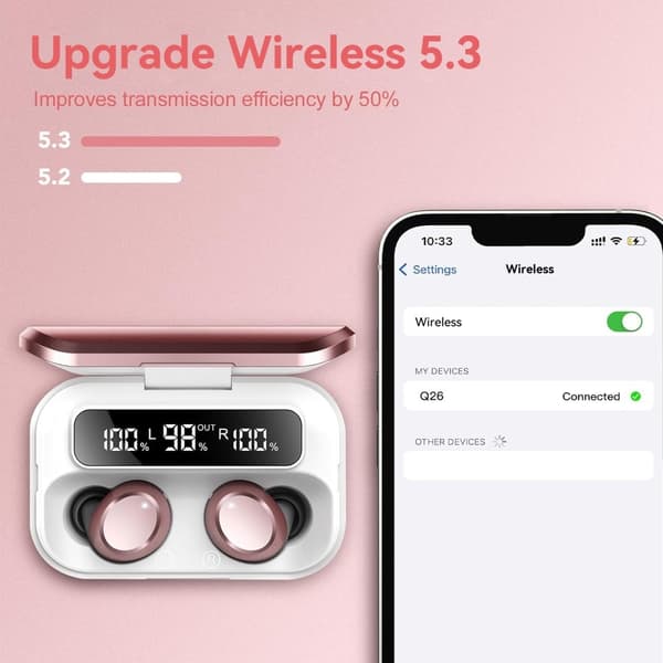 Q26 Bluetooth-hodesett Digital Display In-Ear trådløse hodetelefoner PowerBank-funksjon - Rosa