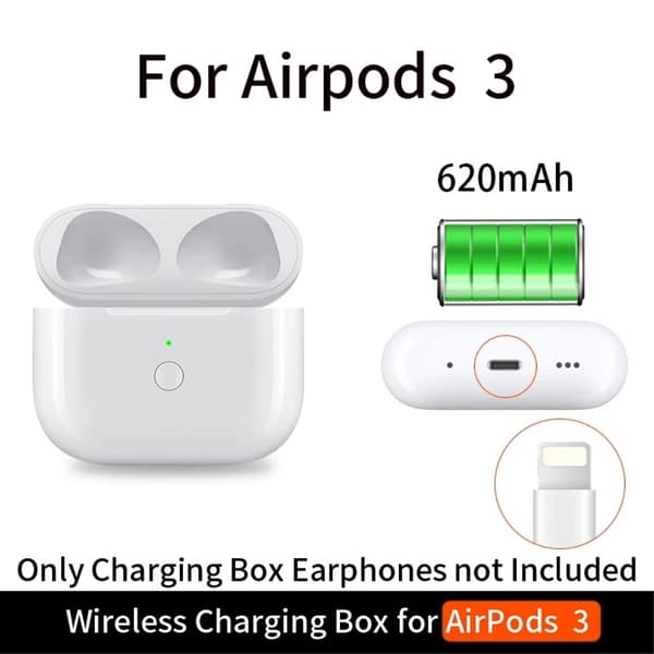 AirPods 3 -latauskotelolle Sisäänrakennettu 620 mAh:n akku Bluetooth Langaton lataus