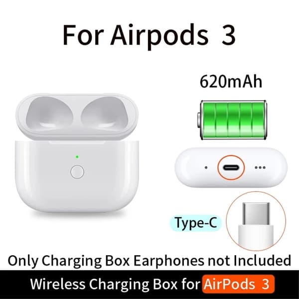 For AirPods 3 ladeveske Innebygd 620mAh batteri trådløs lading USB-C