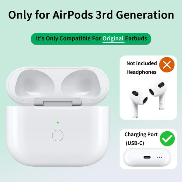 For AirPods 3 ladeveske Innebygd 620mAh batteri trådløs lading USB-C