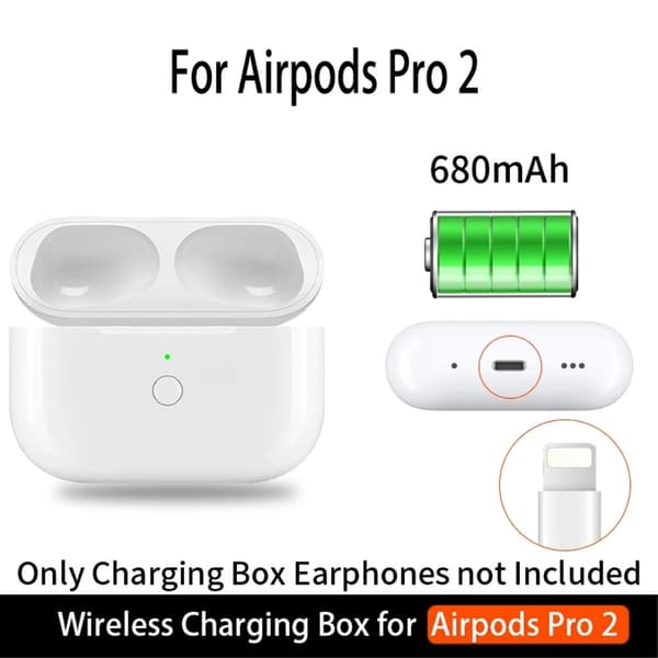 For AirPods Pro 2 / Pro ladeveske Innebygd 680mAh batteri trådløs lading