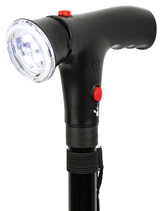Sammenklappelig stok med LED-lys og alarm