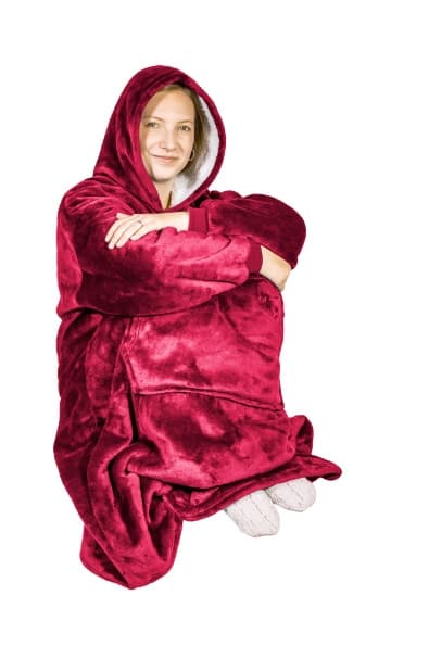 TV Poncho med huva Vinröd - Filttröja med päls, varm, långärmad, stor ficka