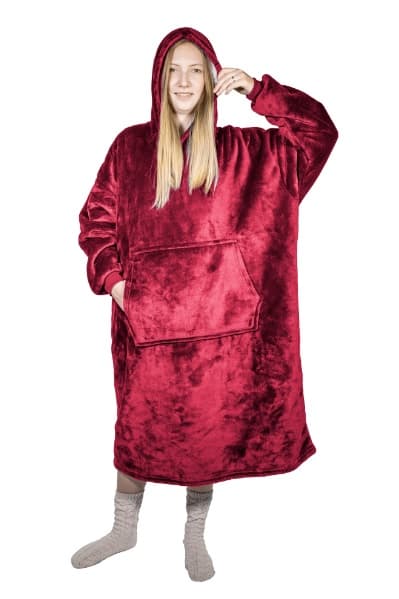 TV Poncho med huva Vinröd - Filttröja med päls, varm, långärmad, stor ficka