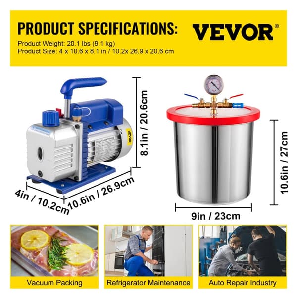Kølemiddel Vakuumpumpe, Høj Effektivitet, Stor Kapacitet Vakuumkammer,3CFM 1.5 Gallon