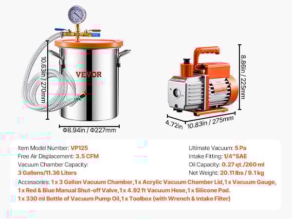 Vacuumkammerkit, 3 gallons kapacitet, 3,5 CFM pumpeydelse,3.5 CFM 3 Gallon