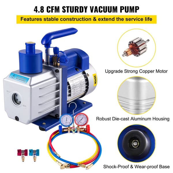 Vakuumpumpe, 4,8 CFM flowrate, 1/3 HK effekt, komplet kølemiddelværktøjssæt,4.8CFM