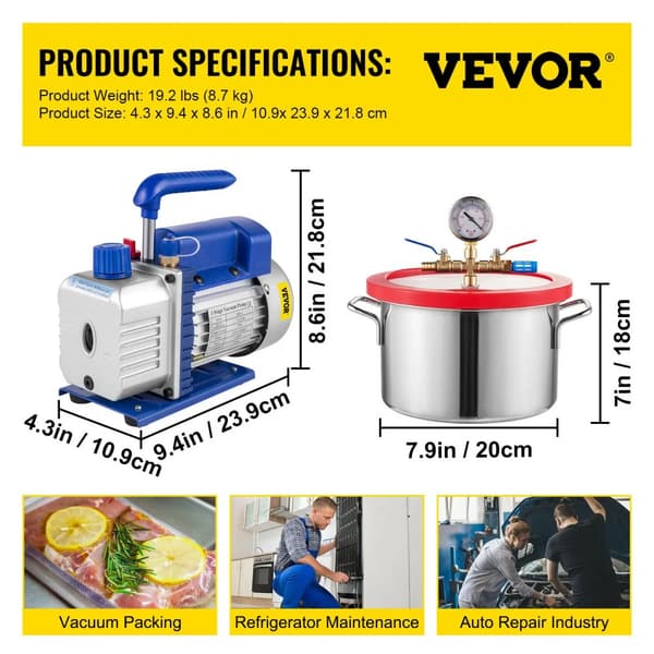 Vakuumpumpe og kammerkit, 3 CFM pumpningshastighed, maksimal driftstemperatur 160ºF,6L (1,5 Gallon)