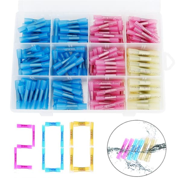 Krympslang Låda med 200 krympkontakter i 3 storlekar Lödboxar Set med 200 krympslangar med kopparrör Låda med lödhylsor i koppar i 3 färger