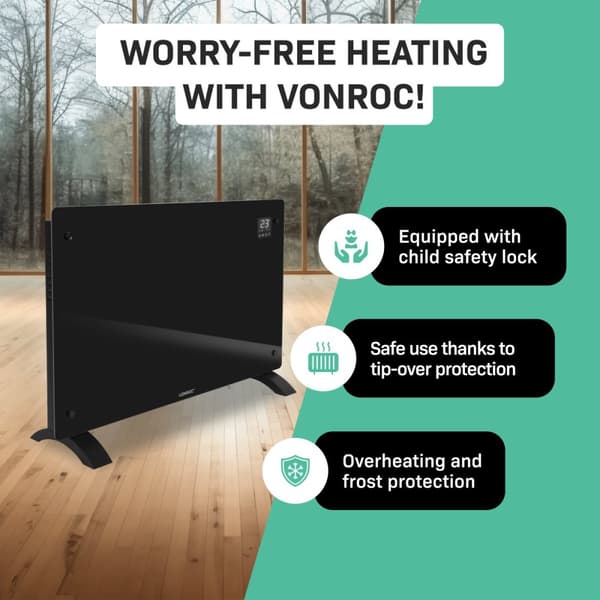 VONROC Lyxiga konvektorelement med glaspanel –  2000W – Svart | Wifi