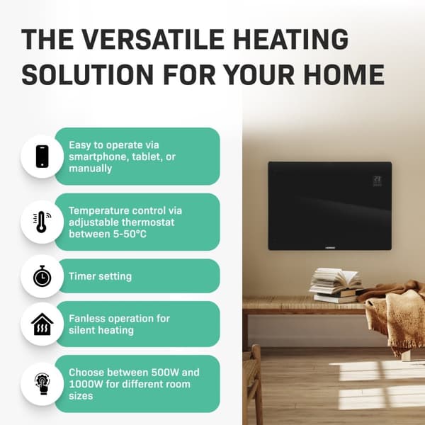 VONROC Lyxigt konvektorelement med glaspanel – 1500W – Svart | Wifi