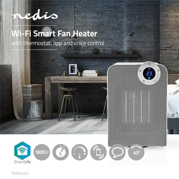 Nedis SmartLife keraaminen PTC-tuuletinlämmitin | Wi-Fi | 1800 W | 3 Lämpöasetusta | Oskillaatio | Näyttö | 15 - 35 °C | Android™ / IOS | Valkoinen
