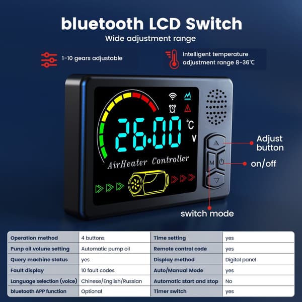 5KW-8KW justerbar parkeringsvarmer, bærbar trolley dieselvarmer bluetooth luftvarmer med LCD-skærm og fjernbetjening