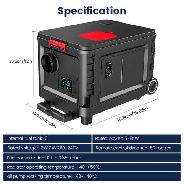 5KW-8KW justerbar parkeringsvarmer, bærbar trolley dieselvarmer bluetooth luftvarmer med LCD-skærm og fjernbetjening