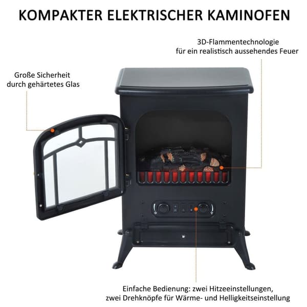 Rootz elektrisk pejs - sort - metal, glas - 16,34 cm x 11,02 cm x 21,65 cm