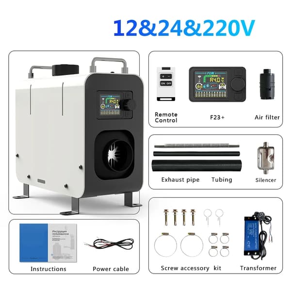 12V/24V/220V 5KW bärbar dieselluftvärmare med Bluetooth kontrollpanel och tillbehör