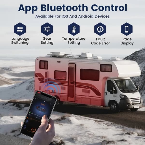 12V 5kW bärbar Bluetooth APP-styrd dieselluftvärmare, 3 styrmetoder, intelligent konstant temperatur/energibesparing, lågt ljud