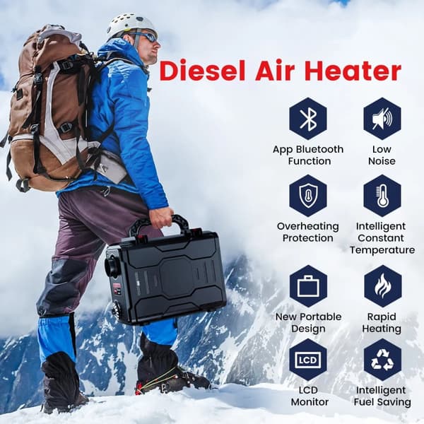 12V 5kW bärbar Bluetooth APP-styrd dieselluftvärmare, 3 styrmetoder, intelligent konstant temperatur/energibesparing, lågt ljud