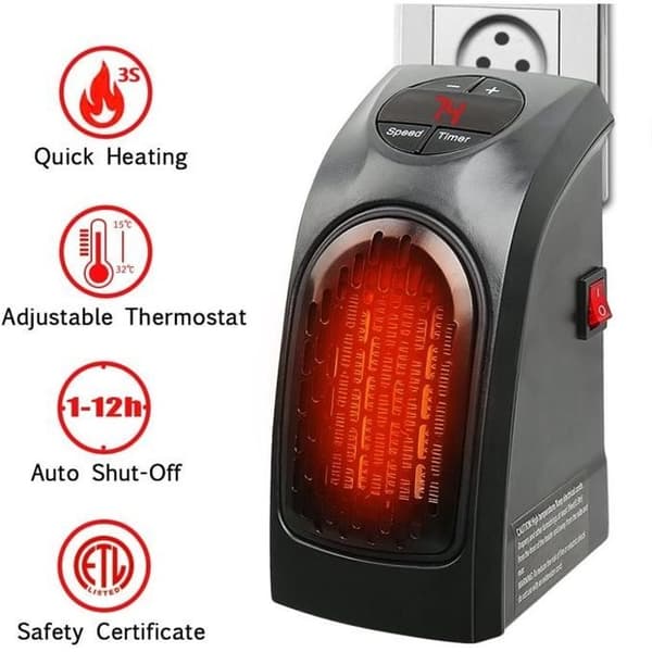 Extravärmare - Keramik - Mini Personvärmare - 400W - Elektronisk termostat - Svart