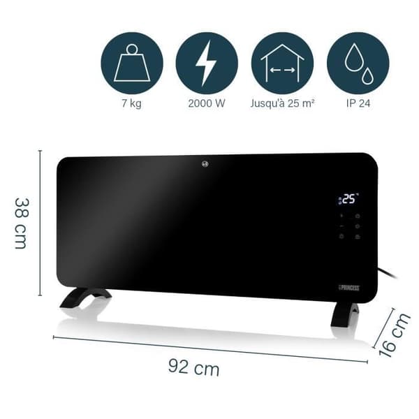 Princess 348200 Connected Radiator - Svart - 2000 W - Manuell styrning, via smartphone eller röst - Gratis applikation - Glaspanel