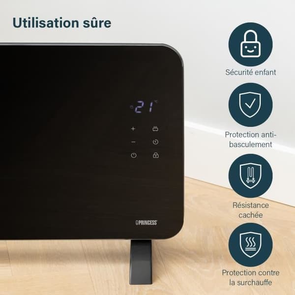 Princess 348200 Connected Radiator - Svart - 2000 W - Manuell styrning, via smartphone eller röst - Gratis applikation - Glaspanel