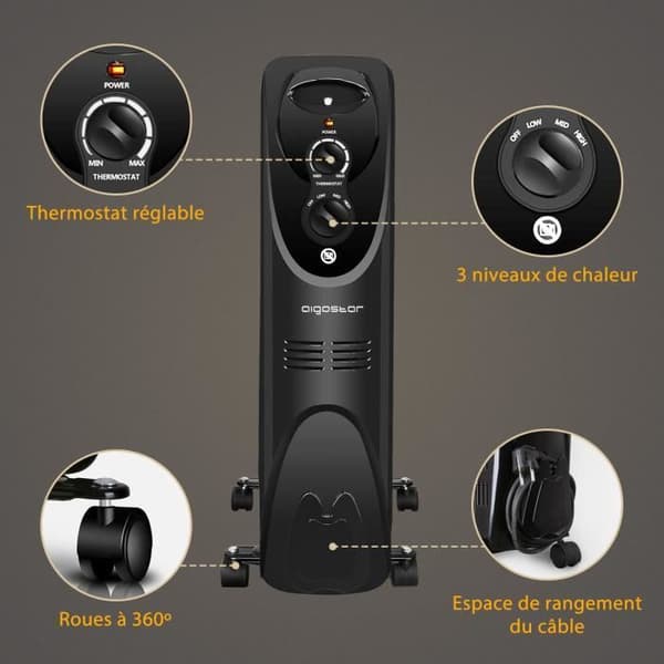 Aigostar Tummie - Oljefylld kylare, 11 element, 2300W. 3 krafter och termostat. Exklusiv design.