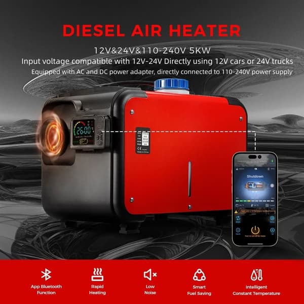 12V/24V/230V 5KW bärbar integrerad dieselluftvärmare med Bluetooth APP-kontroll, energibesparande, säker och enkel att använda