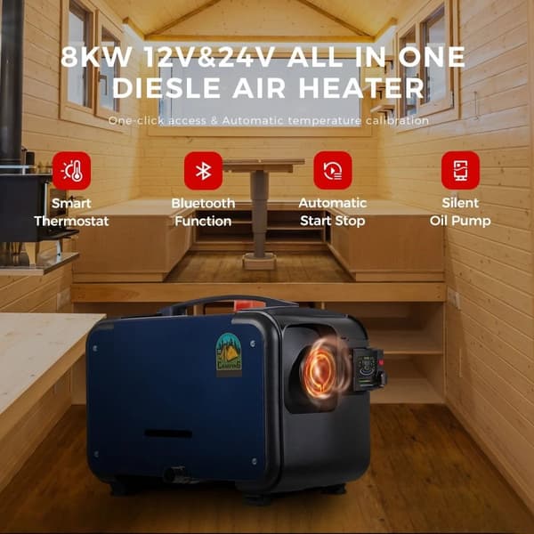 8KW 12V/24V bärbar dieselluftvärmare med Bluetooth APP-kontroll, ultratyst, intelligent bränslebesparing, flera skydd