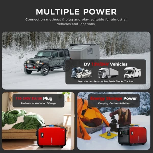 12V/24V/110-240V bärbar dieselluftvärmare, Bluetooth APP-kontroll, intelligent konstant temperatur, låg bränsleförbrukning, flera skydd