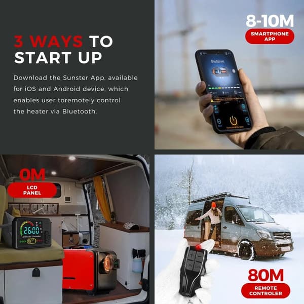 12V/24V/110-240V bärbar dieselluftvärmare, Bluetooth APP-kontroll, intelligent konstant temperatur, låg bränsleförbrukning, flera skydd