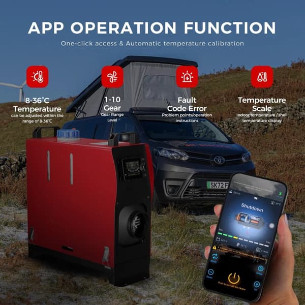 8KW 12V&24V integrerad dieselluftvärmare för husbil/lastbil/bil/tält, parkeringsvärmare med Bluetooth APP-kontroll, lågt ljud