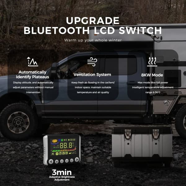 8KW 12V/24V/230V dieselluftvärmare med ventilationsfunktion, Bluetooth APP-kontroll, låg bränsleförbrukning och lågt ljud