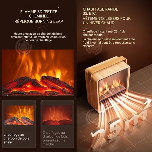 INN 1500W värmare med justerbart varmluftsläge 3 nivåer med retrostil 3D dynamiska flameffekter 4 skyddsinställningar