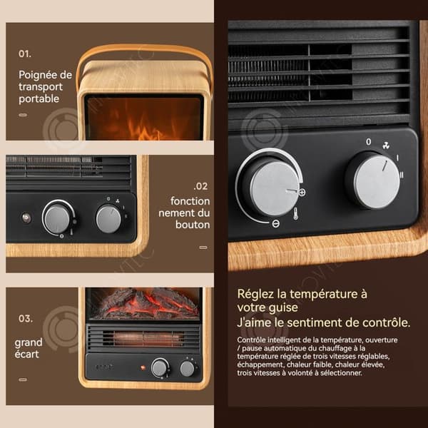 INN 1500W värmare med justerbart varmluftsläge 3 nivåer med retrostil 3D dynamiska flameffekter 4 skyddsinställningar
