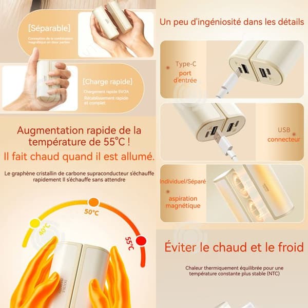 INN Handvärmare 6000mah 3 temperaturnivåer 40-55 grader celsius design med delbar magnetisk laddning av typ