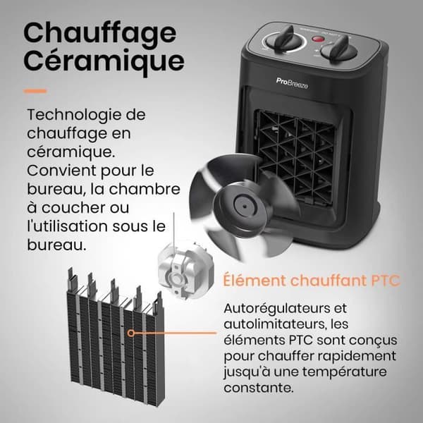 Pro Breeze Mini Ceramic Heater 2000W - 3 effektnivåer - Kompakt rymdvärmare för kontor, sovrum, vardagsrum - svart