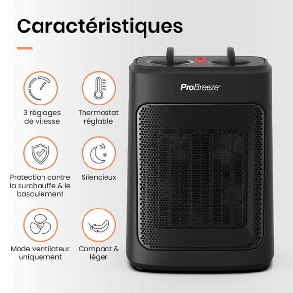 Pro Breeze Mini Ceramic Heater 2000W - 3 effektnivåer - Kompakt rymdvärmare för kontor, sovrum, vardagsrum - svart