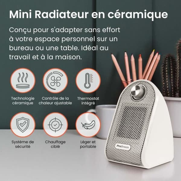 Pro Breeze Mini Compact Fläktvärmare för skrivbord och bord - PTC Keramisk Extravärmare, Vit