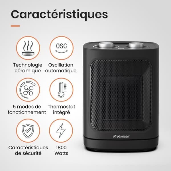 Pro Breeze 1800W keramisk värmefläkt med automatisk oscillation, 2 värmeinställningar, endast fläktläge - svart