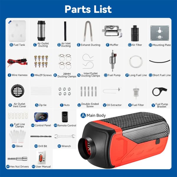 Diesel Luftvärmare, 2KW/5KW/8KW Alternativ, LCD Kontroll,Röd 2KW LCD