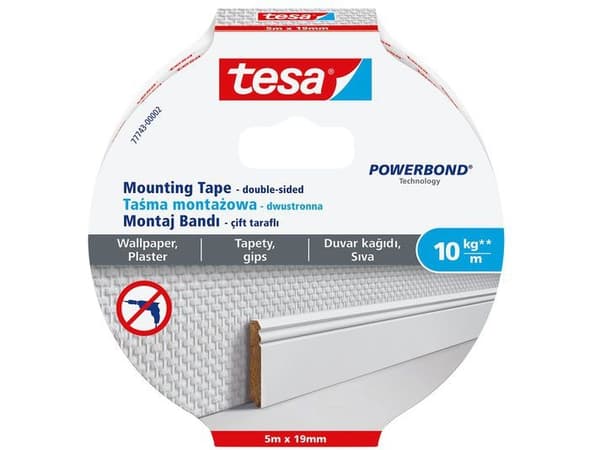 TESA DOUBLE-SIDED POWERBOND TAPE 5m x 19mm FOR WALLPAPER AND PLASTER