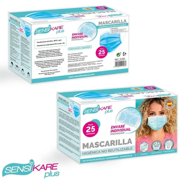 Box of hygienic masks SensiKare 25 Kappaletta (12 osaa)